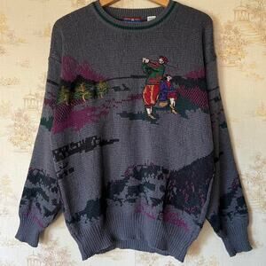 Vintage 90s Buckingham Golf Sweater | Intarsia Knit Landscape | Men's Medium